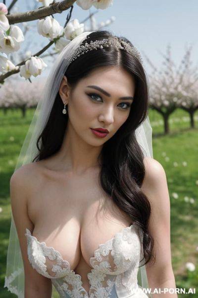 Photorealistic, very beautiful bride, very transparent wedding dress, topless, show nipples, (light blue eyes), very white skin, goth skin, uzbek, - ai-porn.ai - Uzbekistan on pornintellect.com