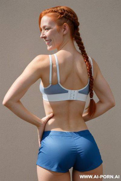 Short, fit woman, wearing tight blue hotpants - ai-porn.ai on pornintellect.com