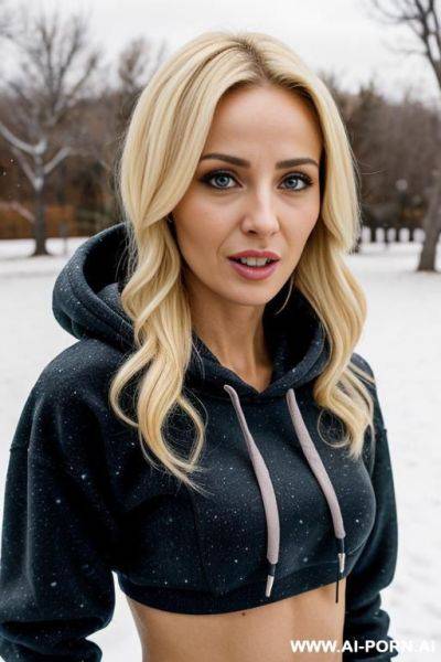 Sexy woman, outdoor, winter, hoodie, crop top - ai-porn.ai on pornintellect.com