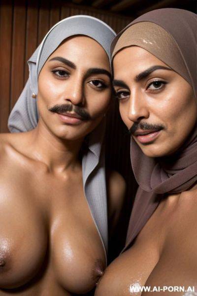 Hairy arab lesbian milf with a mustache and wearing hijab touching hairy arab woman wearing a hijab in a sauna - ai-porn.ai on pornintellect.com