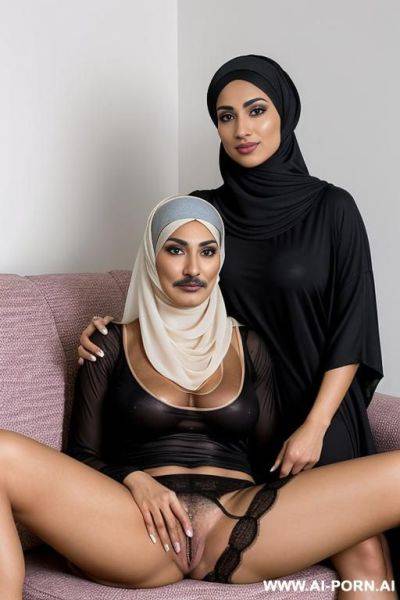 Muscular arab milf with a mustache and hairy pussy wearing hijab hairy legs sitting on a couch with another arab woman on the lap with hairy pussy shirt hair on the lap - ai-porn.ai on pornintellect.com