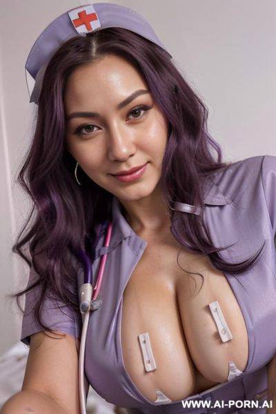 Close!, immersive expression, lovingly craving russian, flowing wavy purple hair, closeup in luxurious clothes, she is seductively tanned, pleasure, real-life sei-ra sodes-hiro! - ai-porn.ai - Russia on pornintellect.com