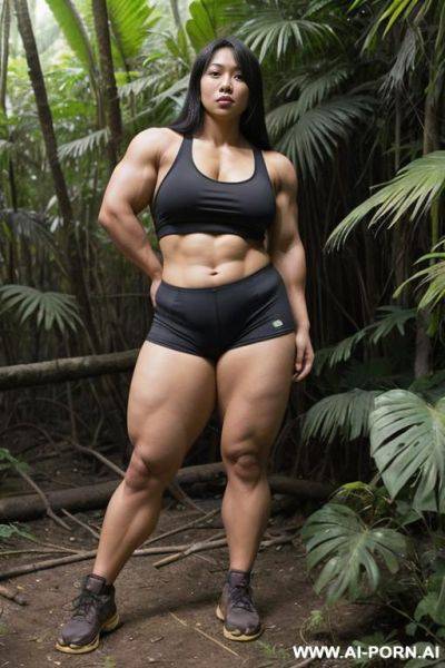 Japanese obese muscular beautiful woman in a skimpy explorer attire, very tight shorts, very tight tank top, in the jungle, (dirty), long asian hair, muscular strong thighs, muscular strong arms - ai-porn.ai - Japan on pornintellect.com