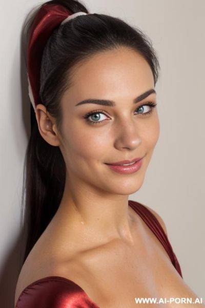 (topless santa outfit), (soft seductive smile), (inviting eye contact), (light tan), (winter background), (ftv) - ai-porn.ai on pornintellect.com