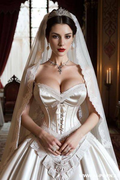 Tight clothes, silk, silk clothes, frill, frilly clothes, frilly, overflowing cleavage, silk robe, silk cape, white corset - ai-porn.ai on pornintellect.com