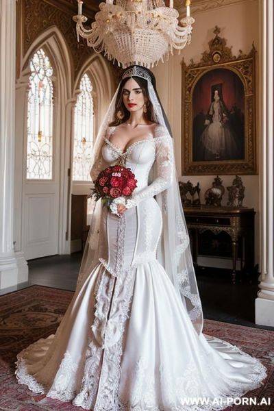 Wedding night, white negligee, white nightgown, white corset, white wedding lingerie, luxury bedroom, luxury suite, luxurious furniture, luxurious bedding - ai-porn.ai on pornintellect.com