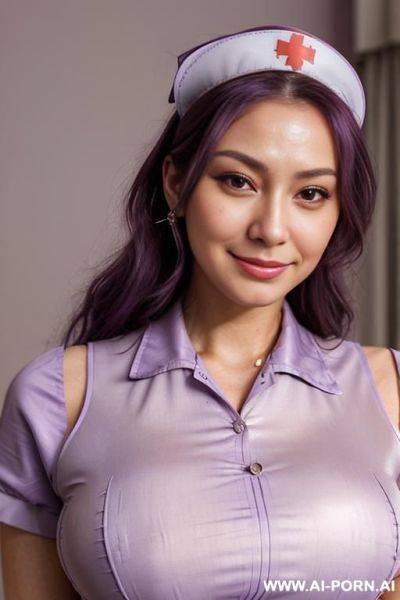 Close!, immersive expression, lovingly craving russian, flowing wavy purple hair, closeup in luxurious clothes, she is seductively tanned, pleasure, real-life sei-ra sodes-hiro! - ai-porn.ai - Russia on pornintellect.com