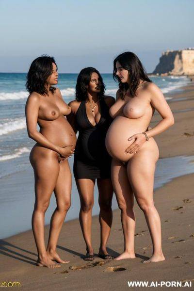 Naked lesbian couple on the beach at golden houre. they are fucking each other. one woman is an arab pregnant short milf, the other woman is a taller twenty years old dark skinned african with a large erect cock. - ai-porn.ai on pornintellect.com