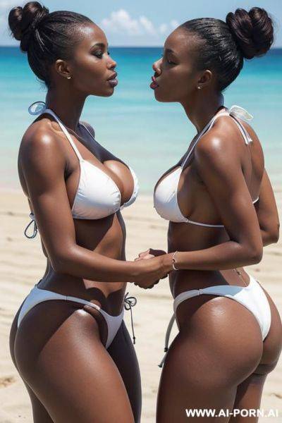 Two womans, twins, kissing, athletic, massive tits, brunette, white bikini, hair bun, wide hips, beach, - ai-porn.ai on pornintellect.com