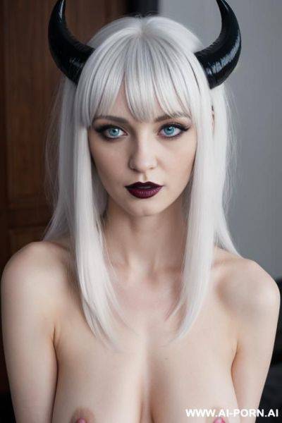 ( goth), (slutty expression), (goth princess), (white hair), (long hair), (devil horns), (totally naked) - ai-porn.ai on pornintellect.com