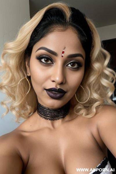 Latina, curly hair, blonde, milf, black lipstick, naked, mascara, keep face, same face, - ai-porn.ai on pornintellect.com
