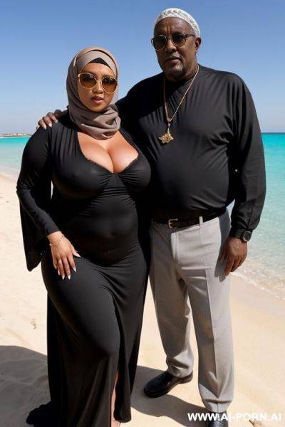 Curvy russian brunette chubby wife wearing hijab and fully naked standing beside sitting old black man wearing dark sunglasses - ai-porn.ai - Russia on pornintellect.com