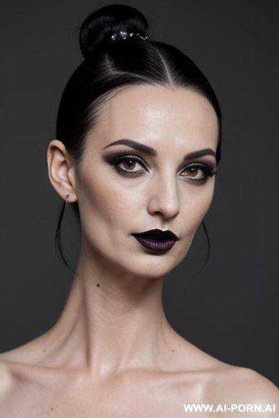 Dark hair, milf, black lipstick, naked, hair bun, makeup, skin, whippet-, white, gothic - ai-porn.ai on pornintellect.com