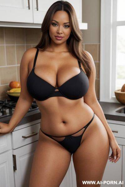 Brown hair with blonde highlights, no makeup, wearing black thong panties, wide hips, big hips, big ass, thick thighs, fair skin, fat ass, huge sagging breasts - ai-porn.ai on pornintellect.com