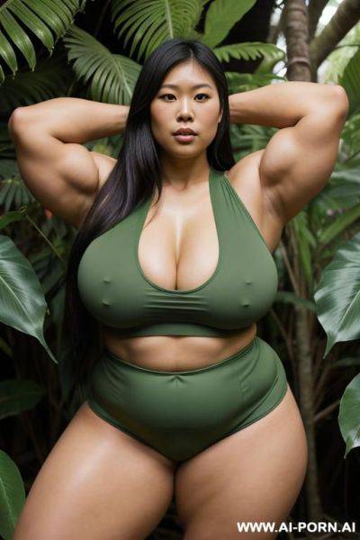 Japanese obese muscular beautiful woman, taking off her clothes, sexy and buxom, in a skimpy explorer leaf green attire, very tight shorts, very tight tank top, in the jungle, long asian hair, huge muscular strong thighs, muscular strong arms, - ai-porn.ai - Japan on pornintellect.com