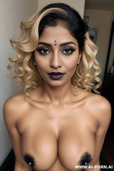 Latina, curly hair, blonde, milf, black lipstick, naked, mascara, keep face, same face, - ai-porn.ai on pornintellect.com