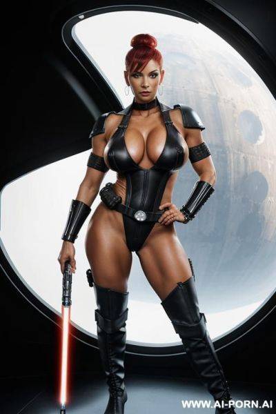 Sith lord. lightsaber. mature woman with toned muscles. tanned. choker, earrings, bracelet, holster, armband, anklet. boots. punk hairstyle. shiny, skin. gigantic tits. very bright yellow eyes. visible nipples. black cloak. spaceship window. - ai-porn.ai on pornintellect.com