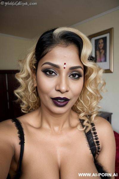 Latina, curly hair, blonde, milf, black lipstick, naked, mascara, keep face, same face, mommy - ai-porn.ai on pornintellect.com