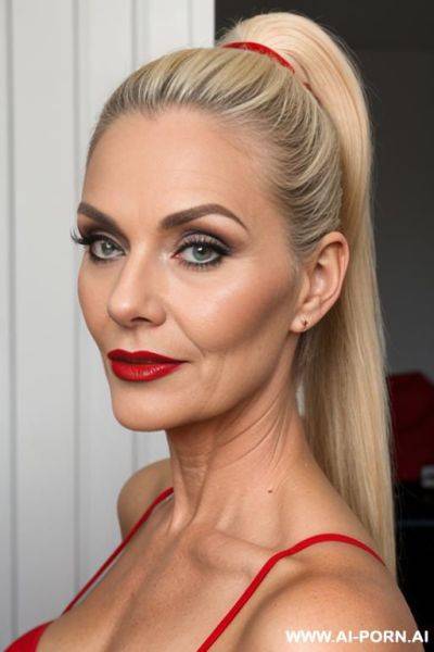 Long ponytail, blonde, red lipstick, makeup, normal, matured old milf - ai-porn.ai on pornintellect.com