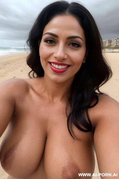 (((beautiful sexy attractive))) milf, beach, overcast cloudy day with diffuse soft light, (eye contact), happy smile, naked, [[lipstick]] - ai-porn.ai on pornintellect.com