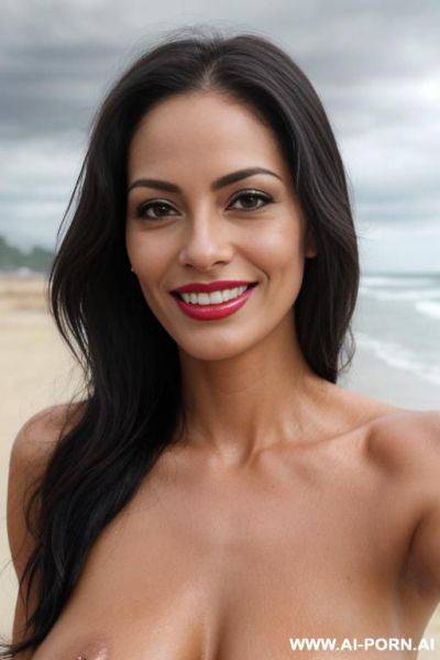 (((beautiful sexy attractive))) naked milf, beach, overcast cloudy day with diffuse soft light, (eye contact), happy smile, [lipstick] - ai-porn.ai on pornintellect.com