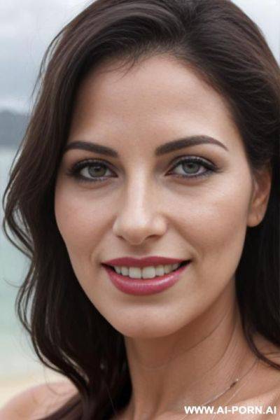 (((beautiful sexy attractive))) (closeup) milf, beach, overcast cloudy day with diffuse soft light, (eye contact), happy smile, [[lipstick]] - ai-porn.ai on pornintellect.com