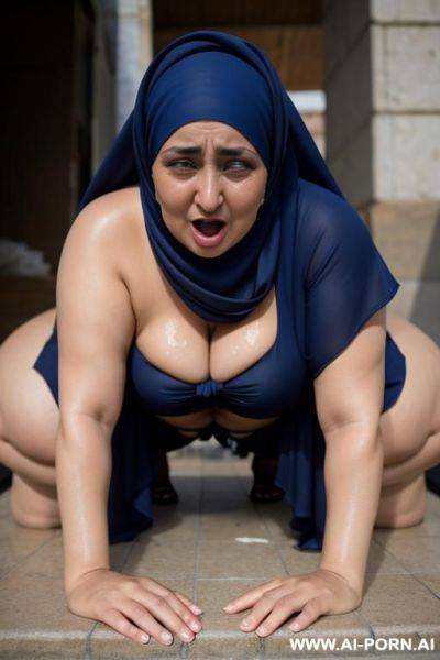Curvy russian brunette busty wife topless wearing hijab fucked by homeless arab old fat man in gy - ai-porn.ai - Russia on pornintellect.com