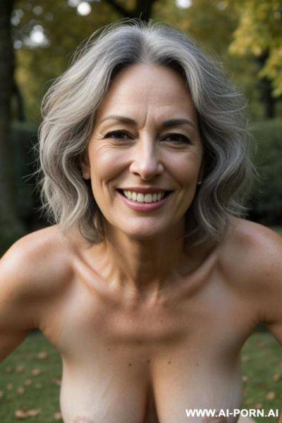Woman with short gray hair in a park, extrem puffy hart nipples, looking in front, smiling, full hairy pussy and full hairy vagina, long cucumber in her vagina, - ai-porn.ai on pornintellect.com