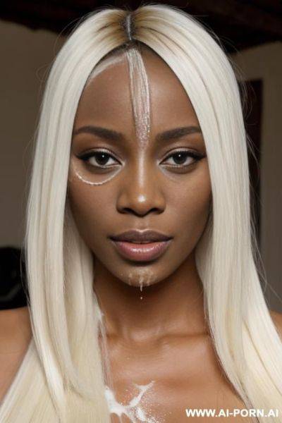 Bukakke, african woman, facial, naked, long messy blonde hair, lots of thick white cum on face - ai-porn.ai on pornintellect.com