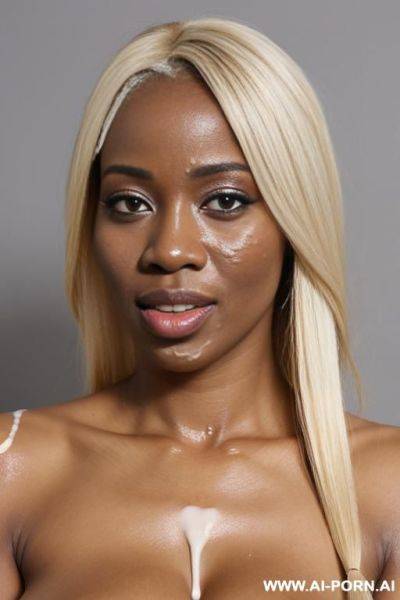 Bukakke, african woman, facial, naked, long messy blonde hair, lots of thick white cum on face cum all over body, front view - ai-porn.ai on pornintellect.com