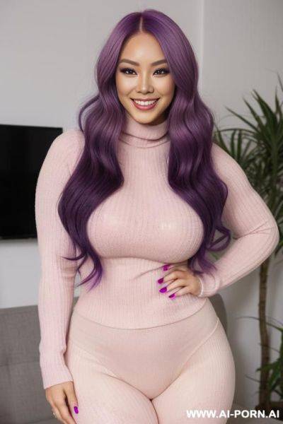 A half-french and (half-korean) 15cm tall supermodel, wearing a cozy cream-colored sweater, a matching pair of leggings that cling to her curves, and a stylish beret. she has a (perfect hourglass - ai-porn.ai - North Korea - France on pornintellect.com