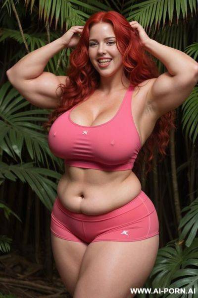 Long red wavy hair, obese curvy body, perky tits, nice hits, pose of ecstasy, attractive smile, in a skimpy explorer pink attire, very tight shorts, very tight tank top, in the jungle, huge muscular muscled bulked up strong thighs, muscular strong arms, - ai-porn.ai on pornintellect.com
