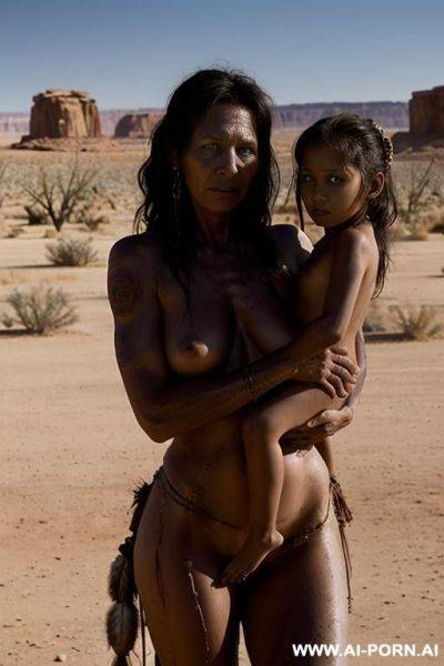 Post-apocalyptic, scared naked mom with her scared naked duaghter, looking at camera - ai-porn.ai on pornintellect.com