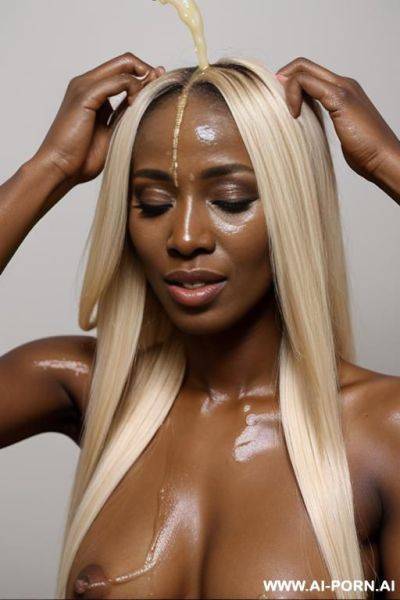 Bukakke, african woman, facial, naked, long messy blonde hair, cum being poured on head, cum running down body - ai-porn.ai on pornintellect.com