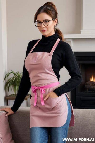 Brown hair, ponytail, large breasts, (black cashmere sweater), (blue jeans), (pink apron), living room, beautiful milf, glasses - ai-porn.ai on pornintellect.com