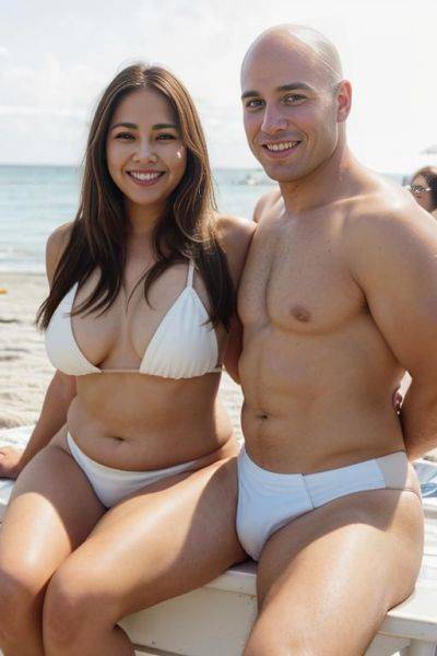 Beach festival, summer party. a fat chubby shorty filipina milf is posing with her friend a tall handsome fit american man. she has blonde highlights in her hair. the woman is sitting. the - ai-porn.ai - Usa on pornintellect.com