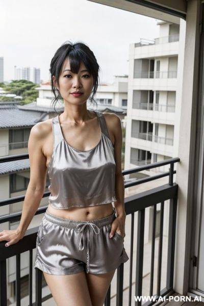 Japanese mature woman, 30 years old, messy hair with bangs, wearing gray silk shorts, cropped tank top, second floor balcony of her house - ai-porn.ai - Japan on pornintellect.com