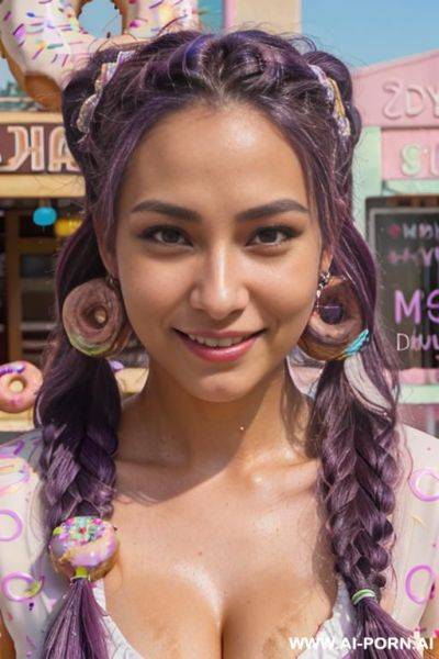 Close!, immersive expression, lovingly craving russian, flowing wavy purple hair, closeup in luxurious clothes, she is tanned!, pleasure, real-life sei-ra sodes-hiro! - ai-porn.ai - Russia on pornintellect.com