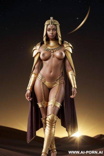 Sci-fi egyptian royalty. queen, royal necklace, pierced navel, rings, bracer, anklet, huge nipples, gold armour, anklet, gold thigh high gladiator sandals. gold mesh cloak. thigh chain. gold armour - ai-porn.ai - Egypt on pornintellect.com