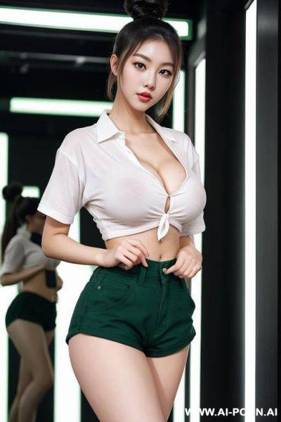 Korean, brunette, green eyes, hairbun, humongous breasts, beautiful, full body photo, dance club - ai-porn.ai - North Korea on pornintellect.com