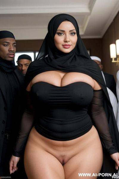 Curvy russian busty milf fully naked wearing hijab surrounded by many black men - ai-porn.ai - Russia on pornintellect.com