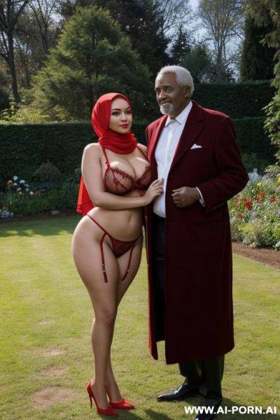 Curvy russian busty wife fully naked wearing hijab and red lingerie standing with old black man in garden house - ai-porn.ai - Russia on pornintellect.com
