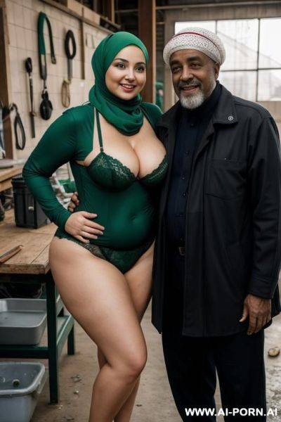 Smiling curvy russian thick milf wearing hijab and green lingerie standing with homeless old black man in workshop - ai-porn.ai - Russia on pornintellect.com