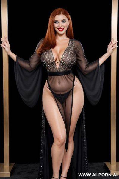 Full view, eye contact, gorgeous cacked woman wearing see through black elegant batwing sleeve abiya kaftan tattoo, heavy make-up, pearl and diamond luxury - ai-porn.ai on pornintellect.com