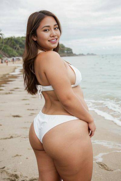 Looking back, hands on hips, adjusting hair, beach festival, summer party, a fat chubby shorty filipina milf is posing in the beach wearing a (white bikini top) and (denim shorts). she is at - ai-porn.ai on pornintellect.com
