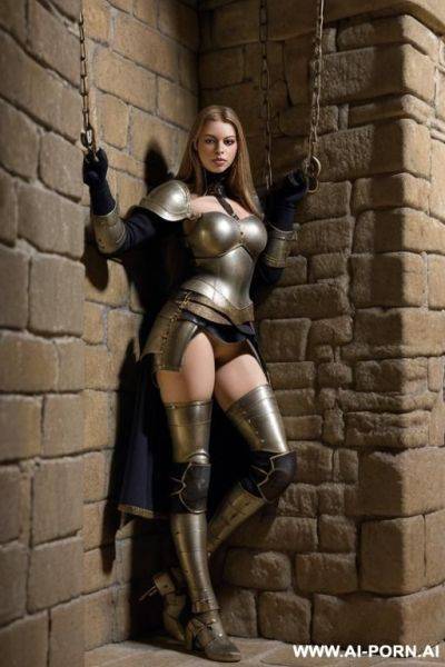 (masterpiece), best quality, "medieval female soldier captive and st all clothes in dungeon", beautiful face, "hands and feet captive with short chains on the wall", standing, legs spreaded, high details, pussy detailed, close body view, - ai-porn.ai on pornintellect.com