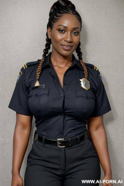 Police uniform, , button-up shirt, uniform pants, dark skin. full body photo. - ai-porn.ai on pornintellect.com