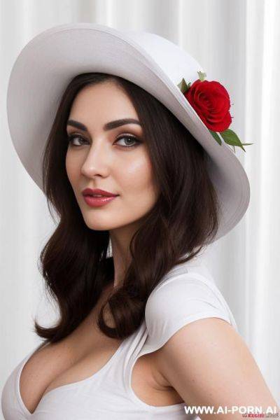 Winter, (pallid white skin), (cap-sleeve t-shirt), (corset), (closeup portrait), pin-up style , (ultra detailed), (smirk with closed lips), looking into camera, curtains background, (bright pallid body), - ai-porn.ai on pornintellect.com