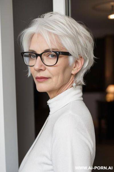 A white-haired woman with white hair and glasses is facing us, looking behind her back. - ai-porn.ai on pornintellect.com