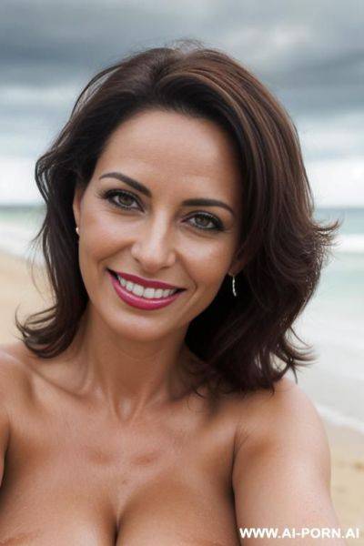 (((beautiful sexy attractive))) milf, beach, overcast cloudy day with diffuse soft light, closeup (eye contact), happy smile, [[lipstick]] - ai-porn.ai on pornintellect.com